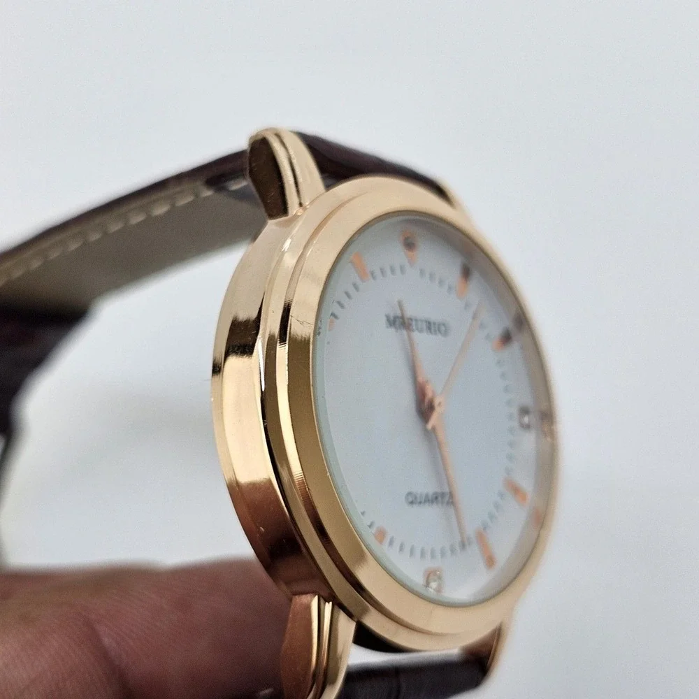 Men's‎ Watch 40MM White Gold Case Dial Brown Leather Bands New Battery